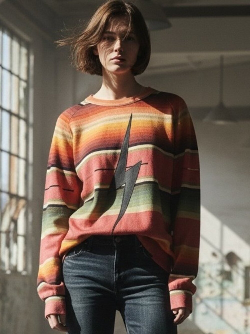 Aviator Nation Unisex Serape Bolt Stitch Sweatshirt L Crewneck Striped